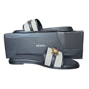 Pedro Studio Black & White Slides Gold Chain Accent Stylish‎ Summer Sandals Sz 6